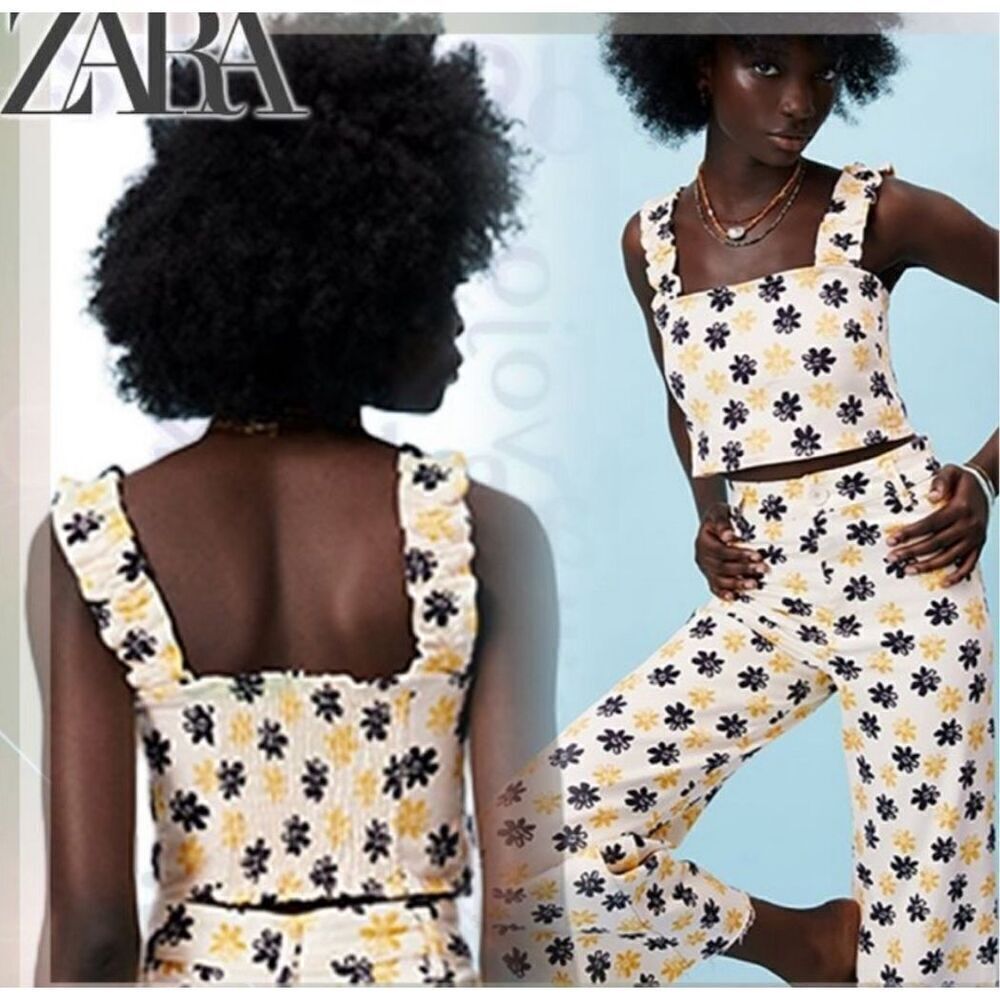 ZARA Floral Denim Crop Top Ruched Back Ruffle wide Straps Bloggers favorite XS - Picture 3 of 8